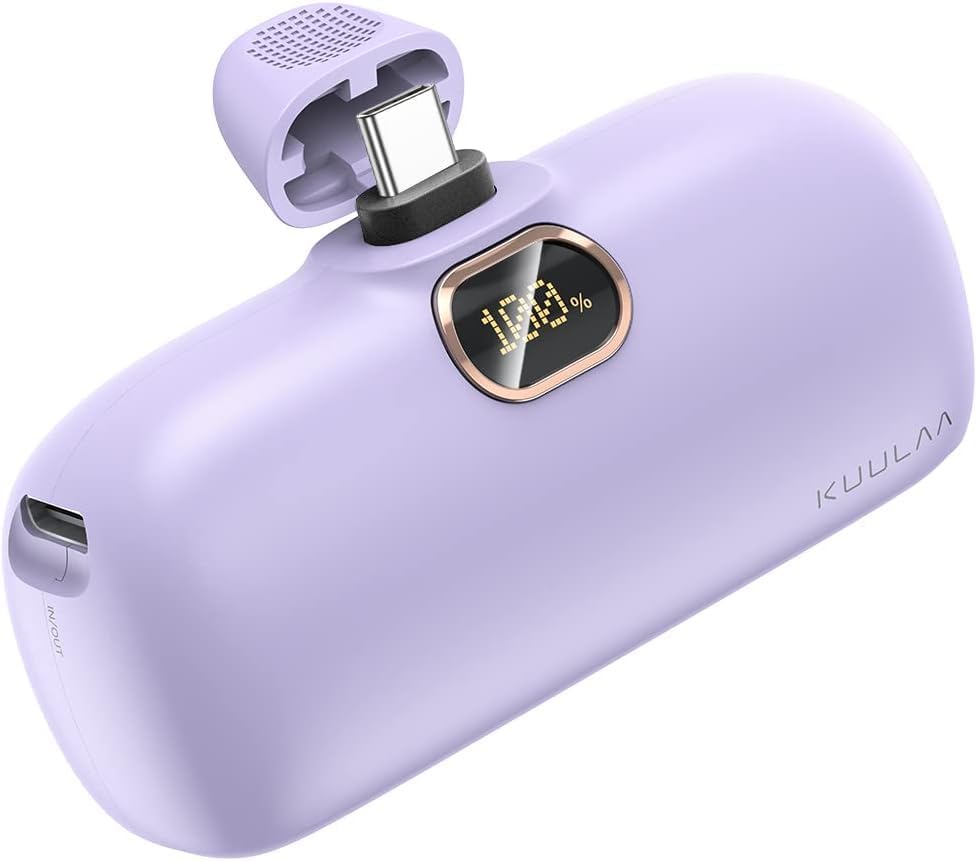 Mini prijenosna baterija Kuulaa 5000 mAh 20W PD USB-C LED – ljubičasta