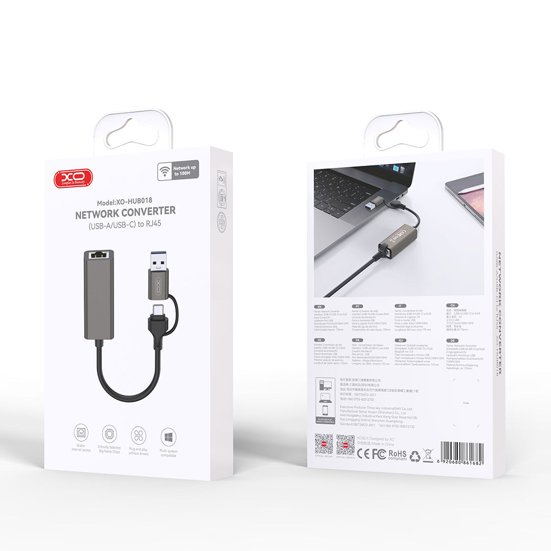 XO HUB018 USB-C/USB na RJ45 adapter 2v1