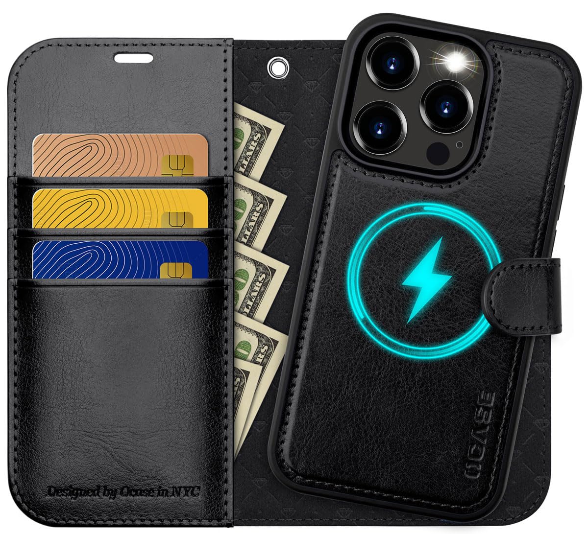 OCASE 2v1 ovitek za iPhone 15 Pro črna snemljiva denarnica RFID zaščita reže za kartice zaščitni ovitek
