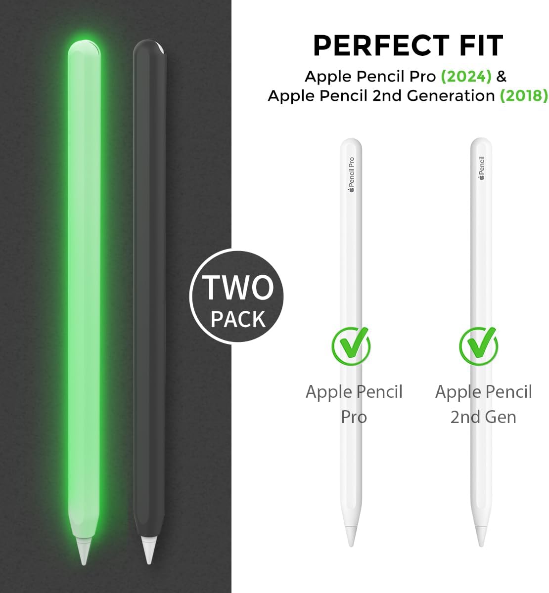 AhaStyle Silikonska futrola za Apple Pencil 2. Gen & Apple Pencil Pro (2024) – Crna & Svijetlozelena (2 komada)