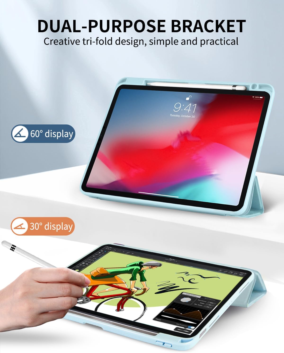 Ovitek za iPad Air 11 M2 2024 / iPad Pro 11 – Prozoren Zadnji Pokrov z Držalom za Pisalo, Svetlo Moder