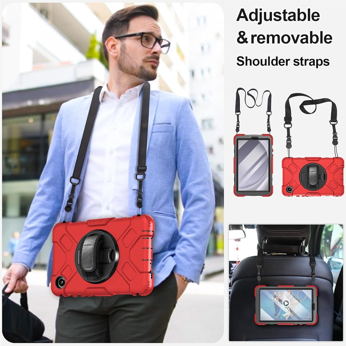 Vojna 3-slojna futrola za Samsung Galaxy Tab A9 8.7” – 360° Stalak + Remen za rame + Držač za S Pen (Crvena)