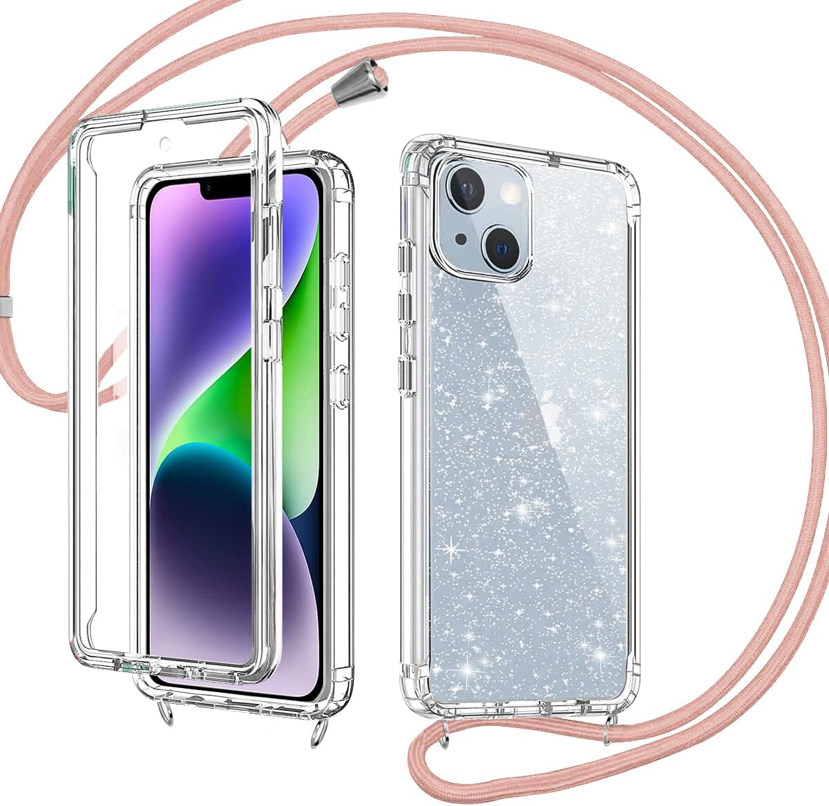 Silikonski prozoren ovitek z bleščicami in roza vrvico za iPhone 14 Plus