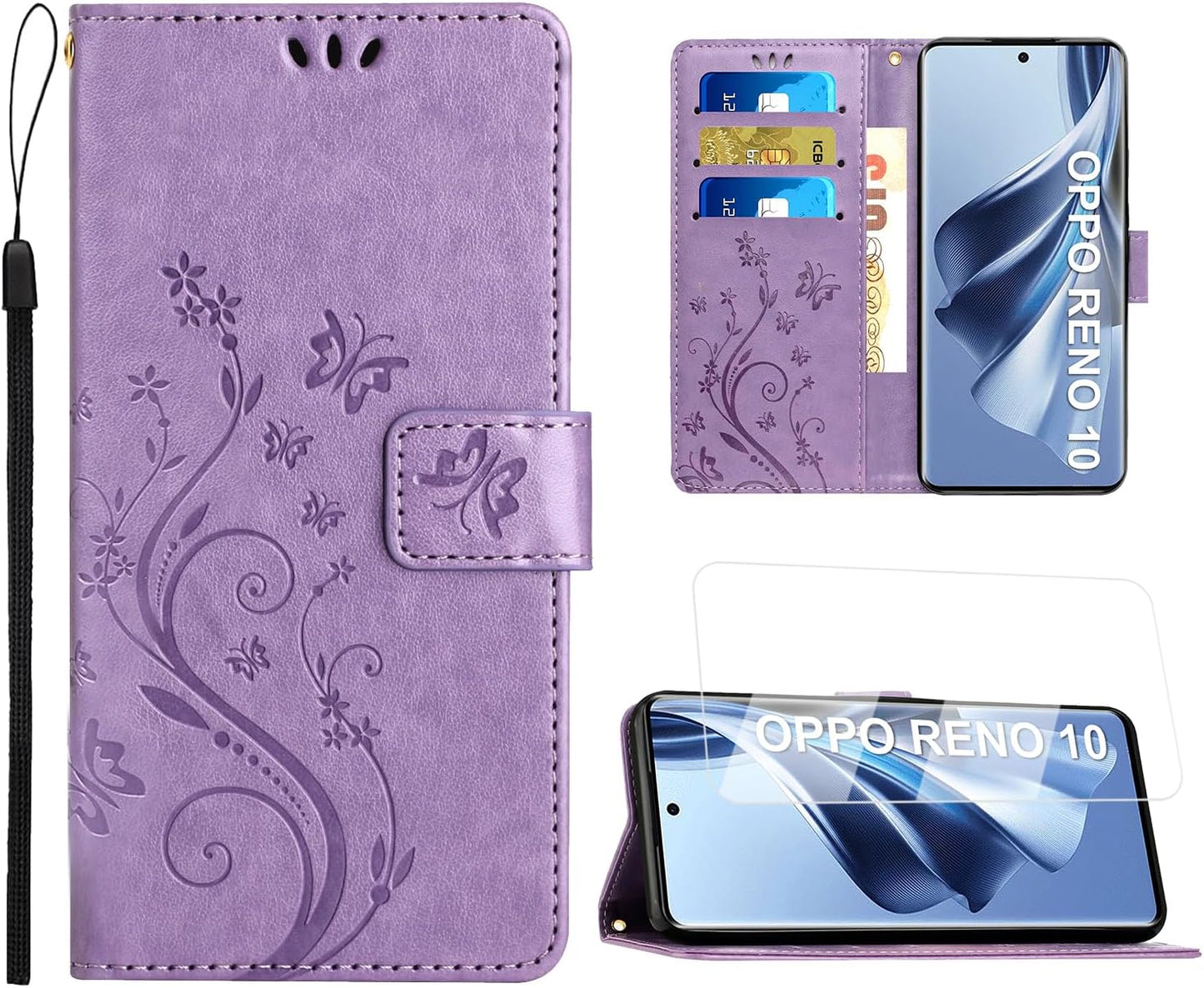 Preklopna torbica i zaštitno staklo za Oppo Reno 10 / 10 Pro – ljubičasta