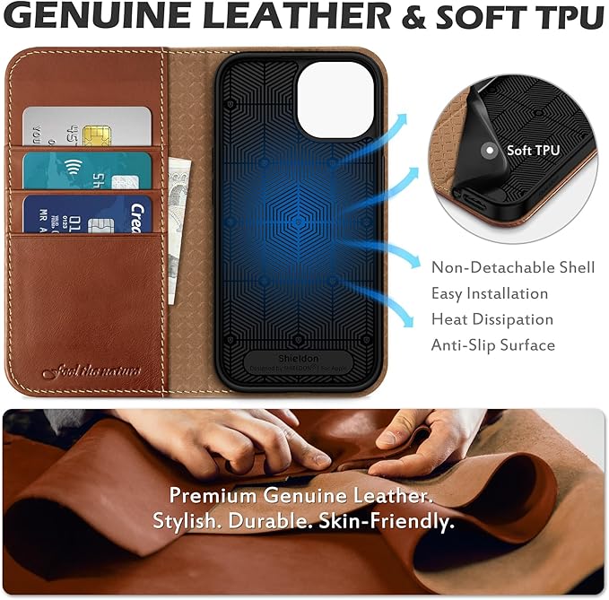SHIELDON Kožna Preklopna Torbica za iPhone 15 – Novčanik RFID + Stalak (Retro Smeđa)