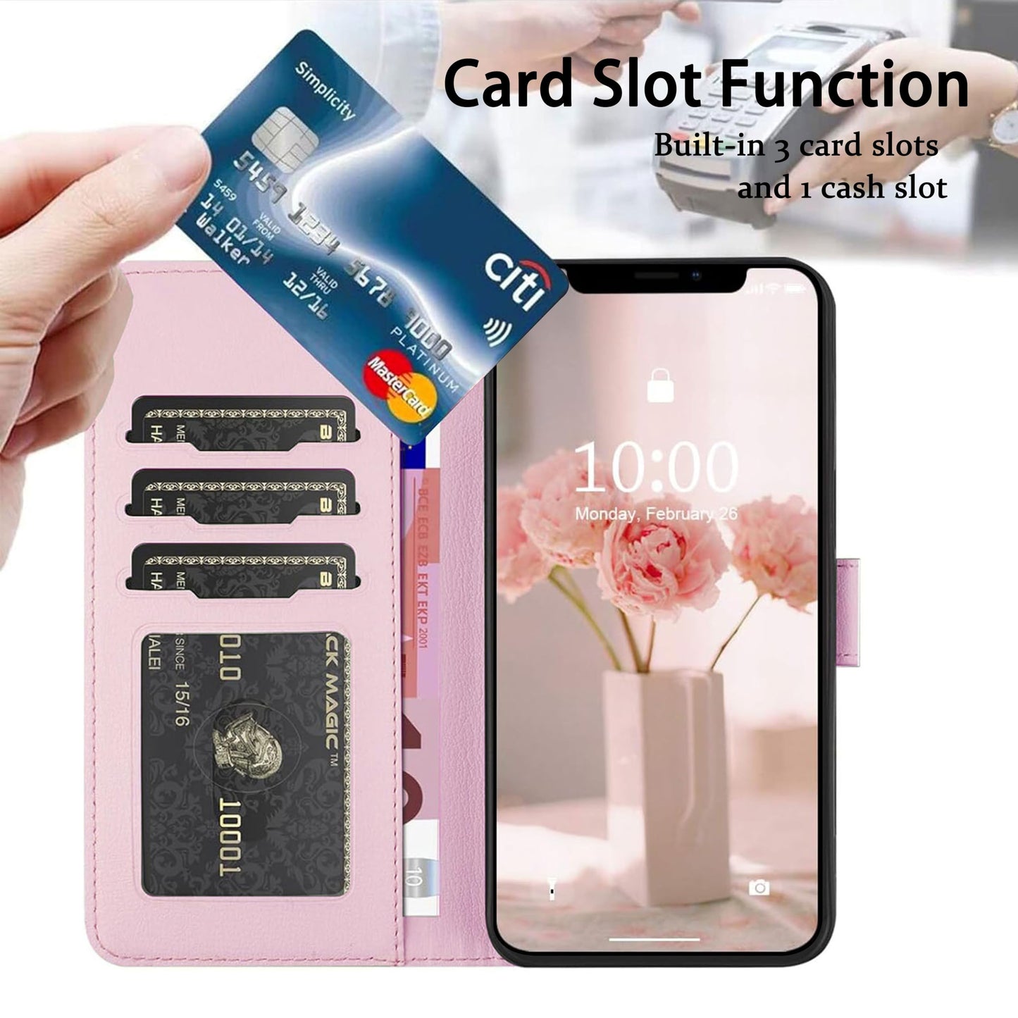 Preklopna torbica za iPhone 11 roza z motivom mačke | Stojalo in reže za kartice