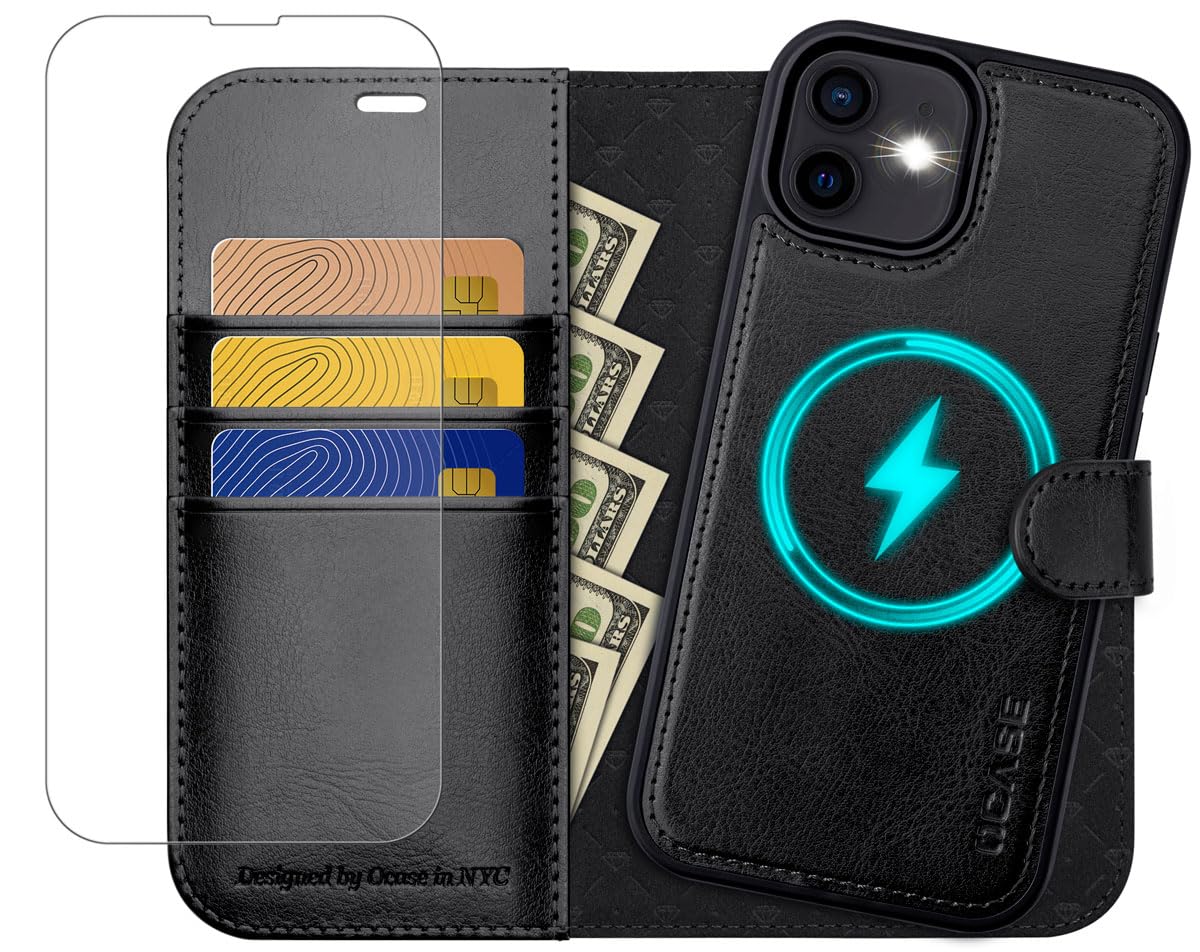 OCASE 2v1 usnjen ovitek + steklo za iPhone 12/12 Pro, RFID, zaščita kartic, celovita zaščita