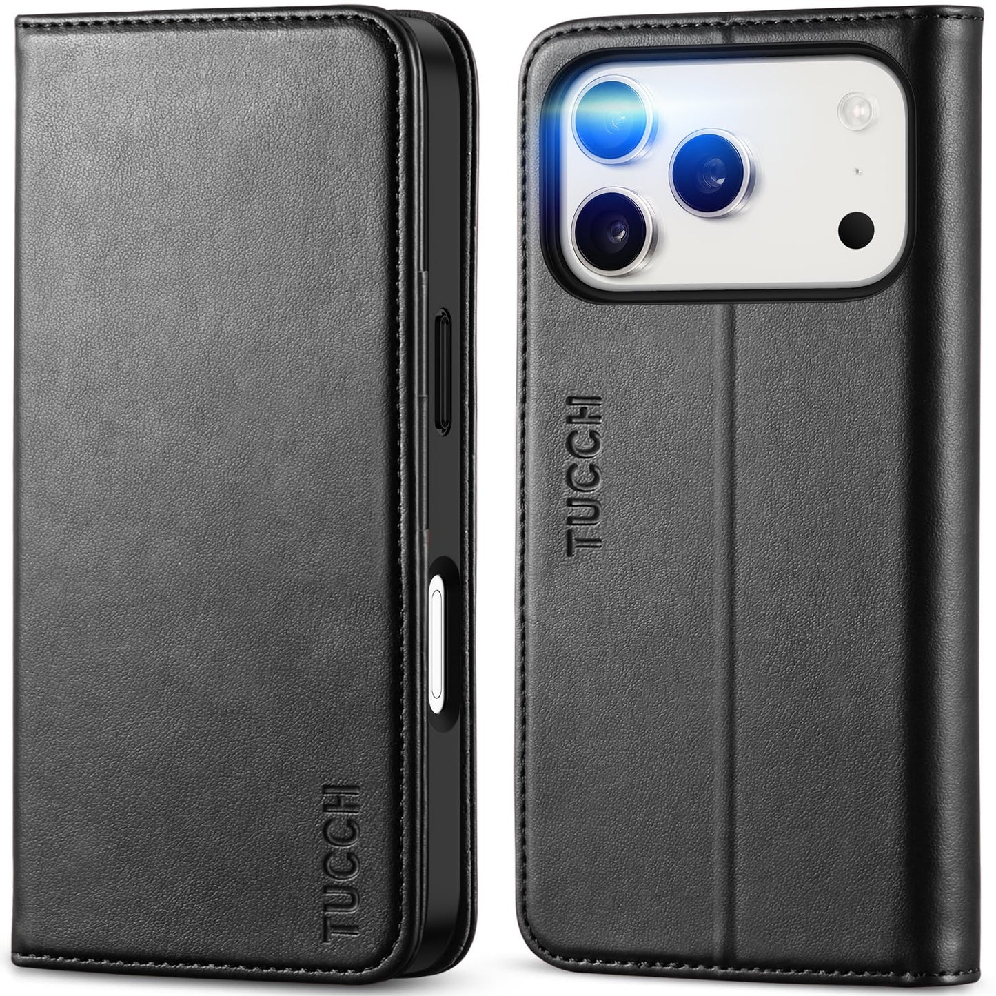 TUCCH usnjena preklopna torbica za iPhone 17 Pro črna