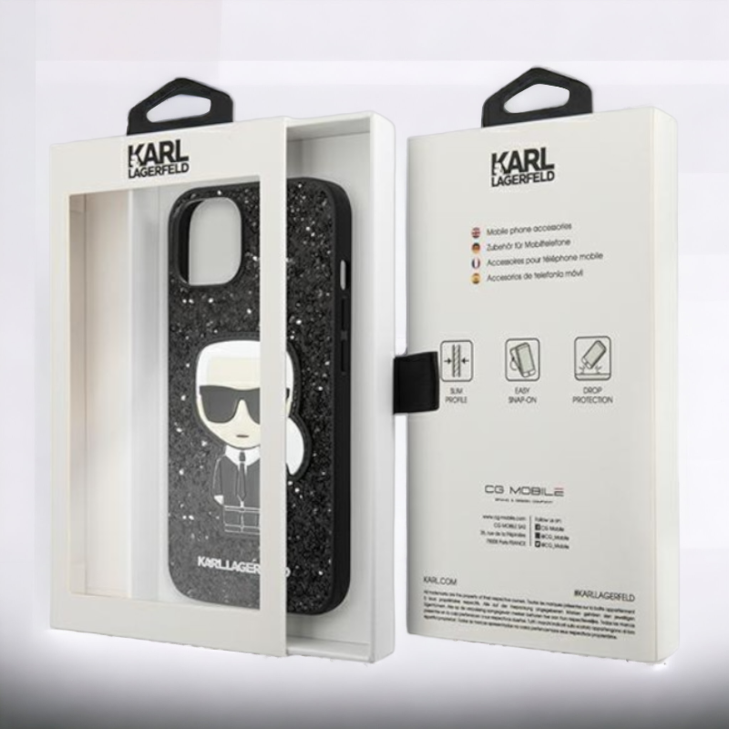 Ovitek Karl Lagerfeld "Iconic Karl - black glitter flakes" za iPhone 14 Plus/15 Plus (KLHCP14MGFKPK)
