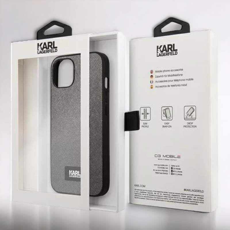 Ovitek Karl Lagerfeld "Saffiano Plaque - silver" za iPhone 13/14/15 (KLHCP13MSFMP2DG)