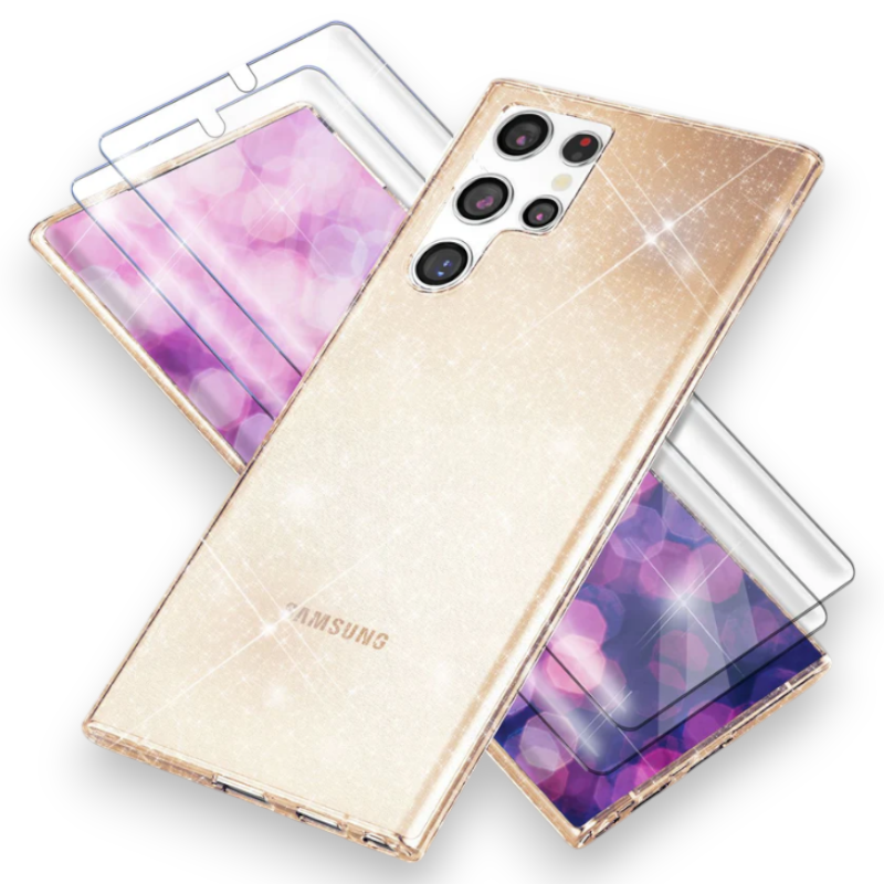 Komplet 2 zaščitni foliji + ovitek "Clear Glitter Nalia" za Samsung Galaxy S23 Ultra – Zlata / TPU silikon