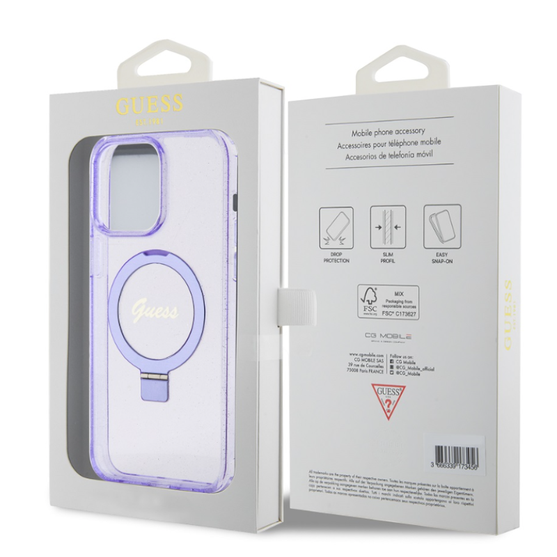 Ovitek Guess "IML Ring Stand Glitter MagSafe" za iPhone 15 Pro (GUHMP15LHRSGSU)