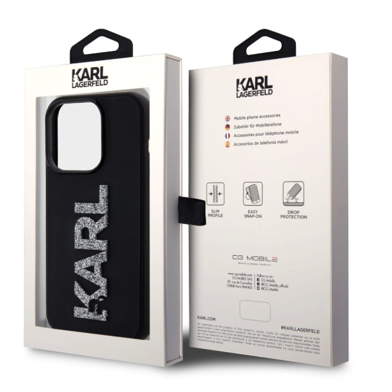 Ovitek Karl Lagerfeld "3D Rubber Glitter Logo" za iPhone 15 Pro Max (KLHCP15X3DMBKCK)