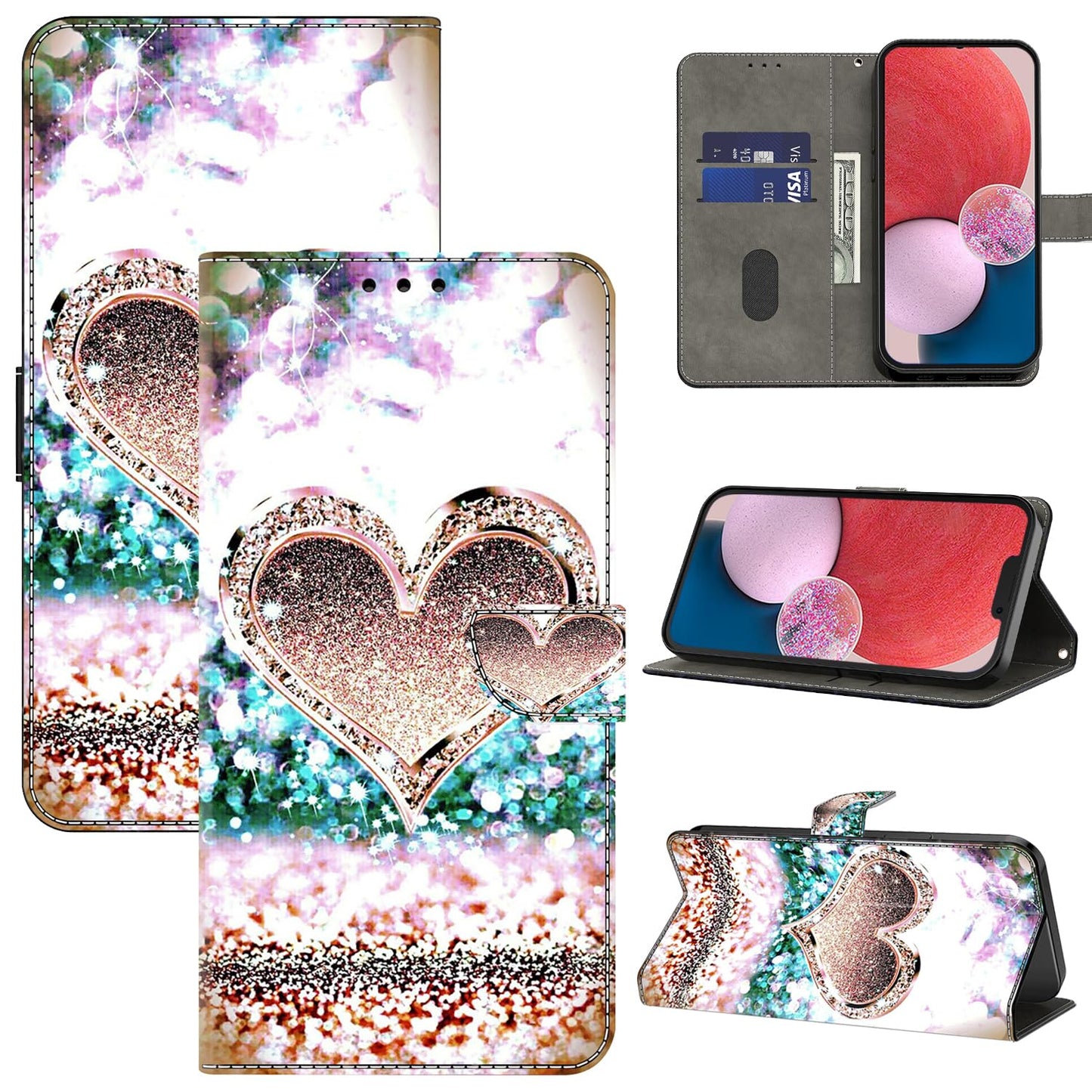 Preklopna-torbica-za-iPhone-16-Plus-magnet-stojalo-reže-za-kartice-Diamond-Heart:Preklopna torbica za iPhone 16 Plus – magnet, stojalo, reže za kartice, Diamond Heart
