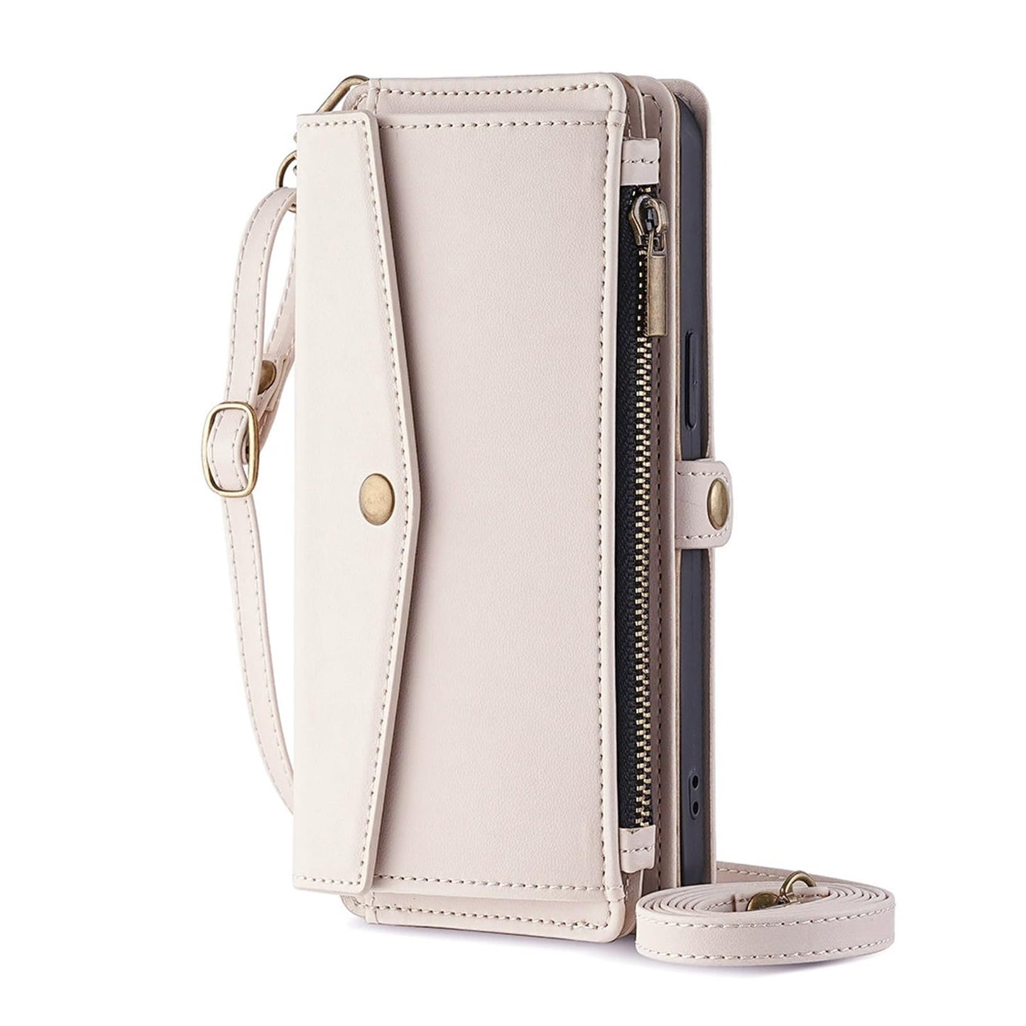 Usnjen-ovitek-za-Samsung-Galaxy-S25-preklopni-ovitek-z-držalom-za-kartice-zadrgo-in-paščkom-bež:Usnjen ovitek za Samsung Galaxy S25 – preklopni ovitek z držalom za kartice, zadrgo in paščkom, bež