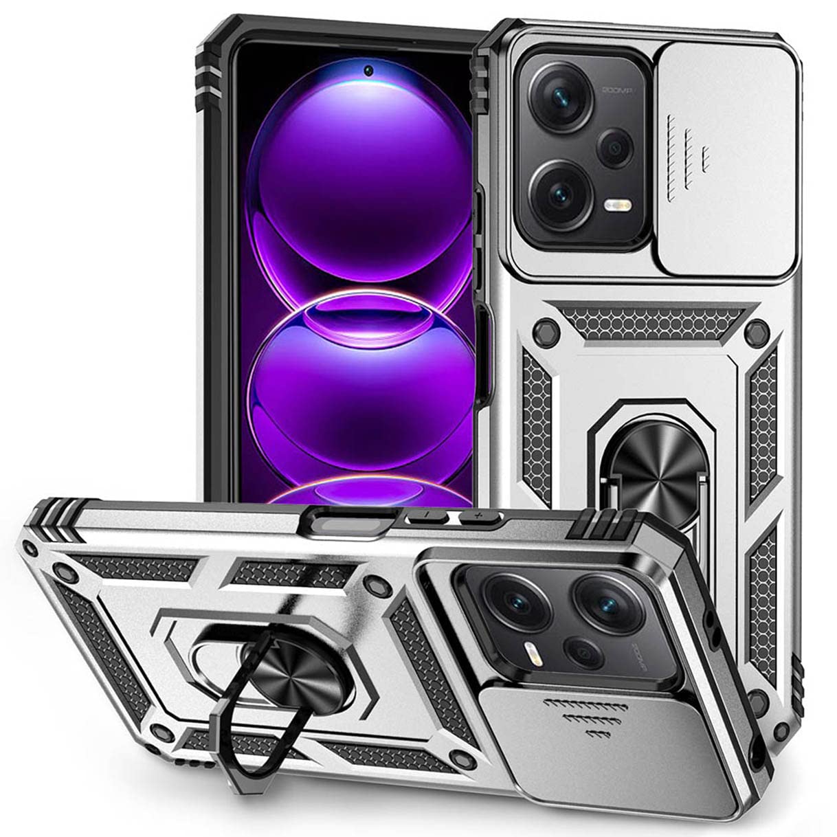 HAOYE futrola Xiaomi Poco X5 Pro 5G – TPU+PC, stalak s prstenom, zaštita za kameru, srebrna