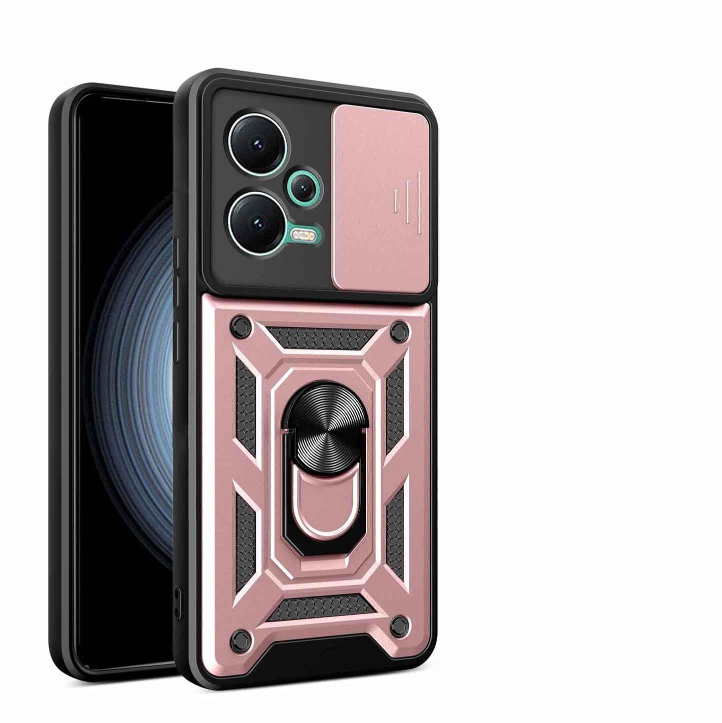 Ovitek za Xiaomi Poco F5 – 360° stojalo, drsna zaščita kamere, odporen proti udarcem, roza