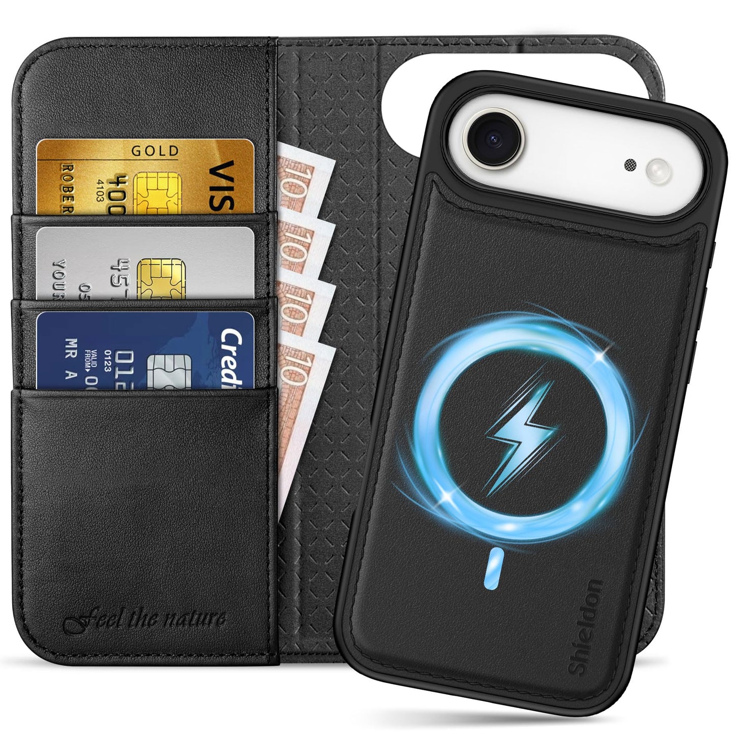 SHIELDON-snemljiva-denarnica-za-iPhone-Air-6-5-5G-usnje-2v1-magnetna-stojalo-RFID-črna:Snemljiva denarnica SHIELDON za iPhone Air 6,5" 5G – usnje, 2v1, magnetna, stojalo, RFID, črna
