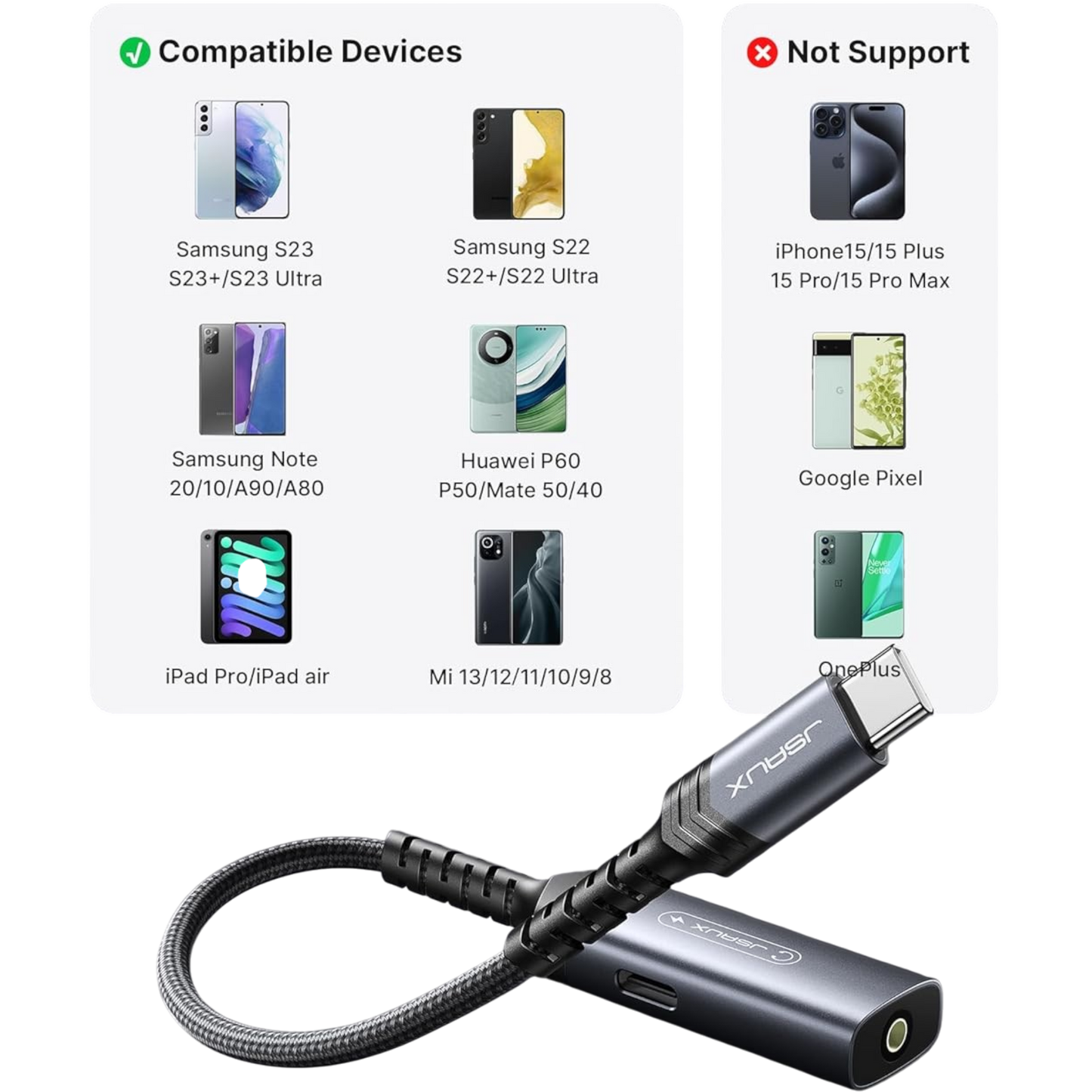 Adapter 2 v 1 USB C za slušalke in polnjenje, 60 W – JSAUX