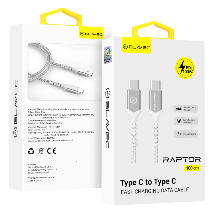 Polnilni kabel "Blavec Raptor - pleten" USB C v USB-C PD 100W 5A 1M