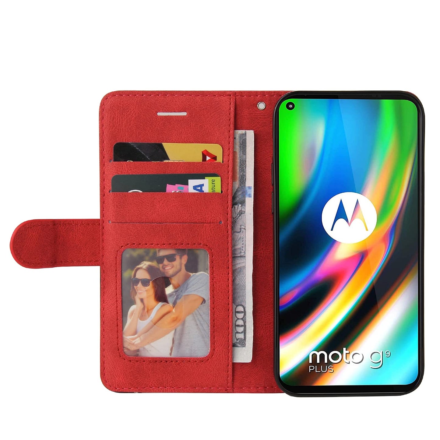 Preklopna torbica za Motorola Moto G9 Plus z režami za kartice rdeča