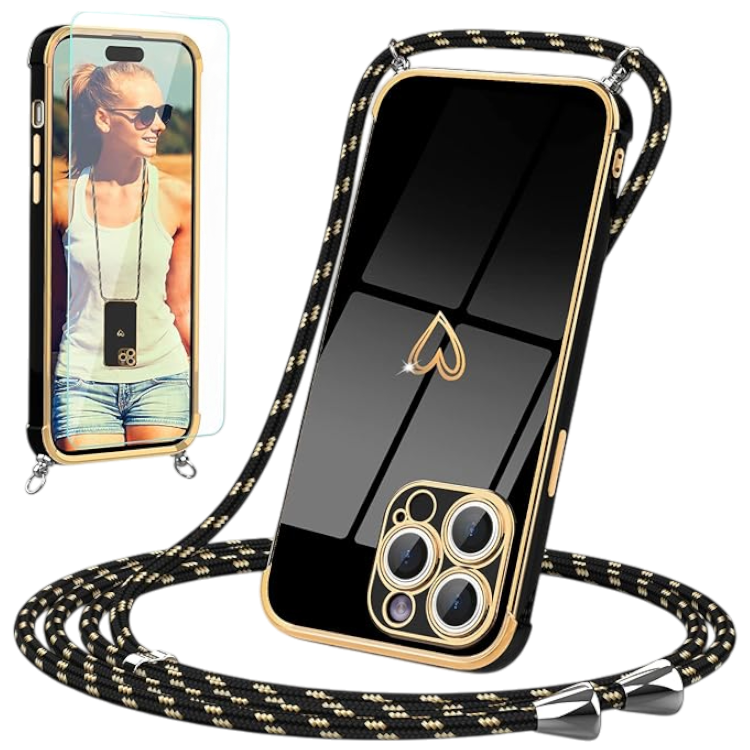 Ovitek z vrvico "Togestar" + zaščitno steklo za iPhone 14 Pro – Črna