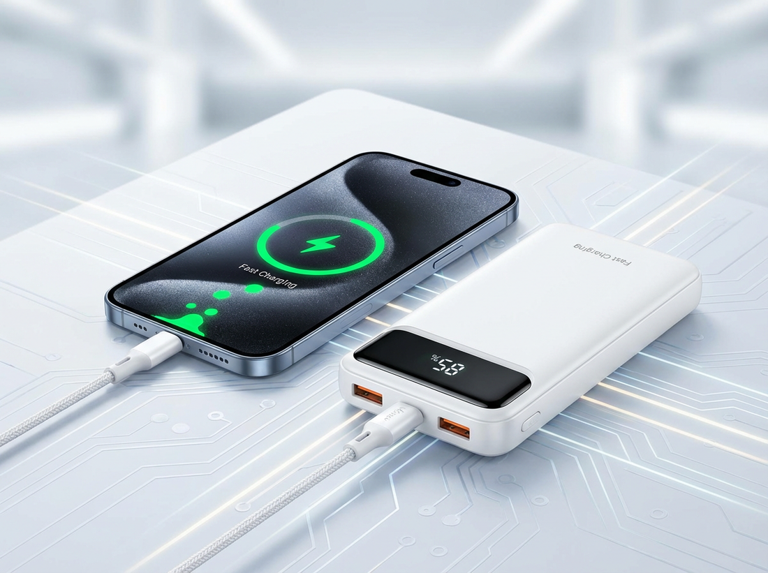 Powerbank in pametni telefon povezana s USB-C kablom, prikazana hitro polnjenja s svetlobnimi indikatorji in prikazom odstotka baterije na zaslonu powerbank-a