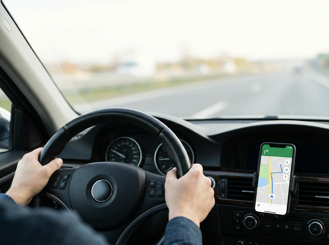 Telefon v nosilcu na zračniku v luksuznem avtomobilu z volanom na levi strani in vklopljeno navigacijo, pogled iz voznikove perspektive za varno vožnjo.