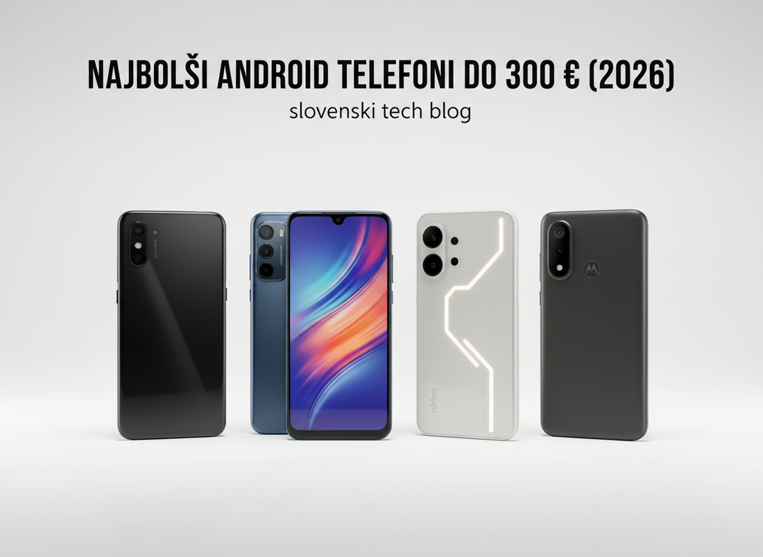 Fotorealistična studijska naslovna slika s štirimi Android telefoni srednjega razreda za blog o najboljših telefonih do 300 evrov v letu 2026