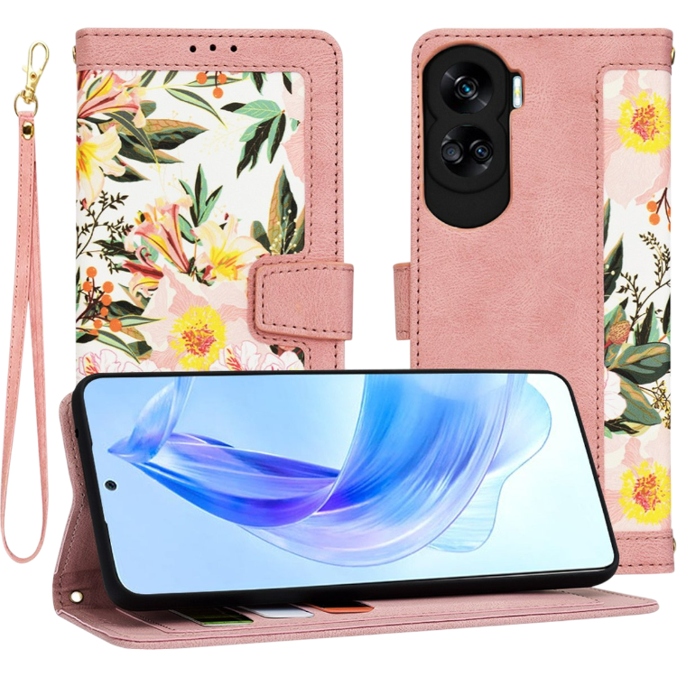 Preklopna torbica "FlipCraft" za Honor 90 Lite 5G, roza z rožami – Techsuit – Roza / TPU silikon