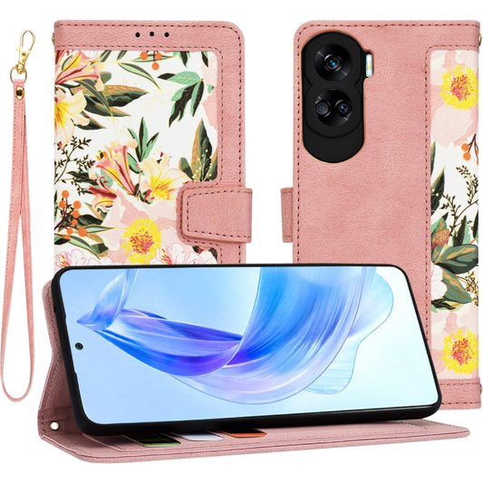 Preklopna torbica "FlipCraft" za Honor 90 Lite 5G, roza z rožami – Techsuit – Roza / TPU silikon