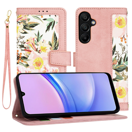 Preklopna torbica za Samsung Galaxy A15, z rožami – Infostyle – Roza / Naravno usnje + TPU silikon
