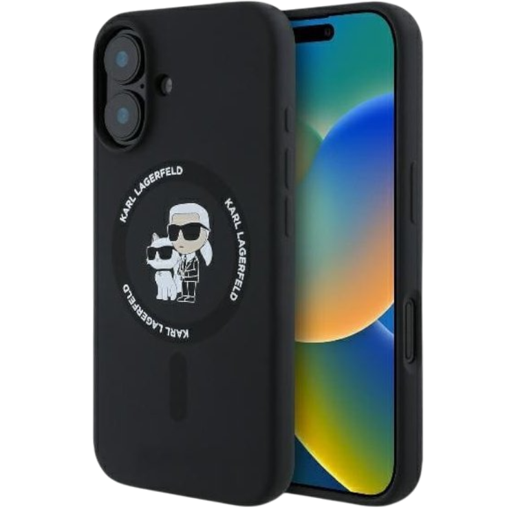Ovitek Karl Lagerfeld K&CH Heads MagSafe za iPhone 16 Plus (KLHMP16MSCMKCRHK) – Črna / Umetno usnje + TPU silikon