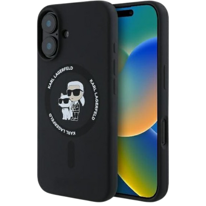 Ovitek Karl Lagerfeld K&CH Heads MagSafe za iPhone 16 Plus (KLHMP16MSCMKCRHK) – Črna / Umetno usnje + TPU silikon