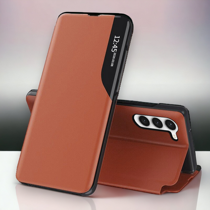 Pametna preklopna torbica za Samsung Galaxy S23 Plus – Infostyle – Oranžna / Ekološko usnje + PC