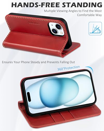 SHIELDON Kožna Preklopna Torbica za iPhone 15 – Novčanik RFID + Stalak (Retro Crvena)