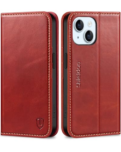 SHIELDON Usnjena Preklopna Torbica za iPhone 15 – Denarnica RFID + Stojalo (Retro Rdeča)