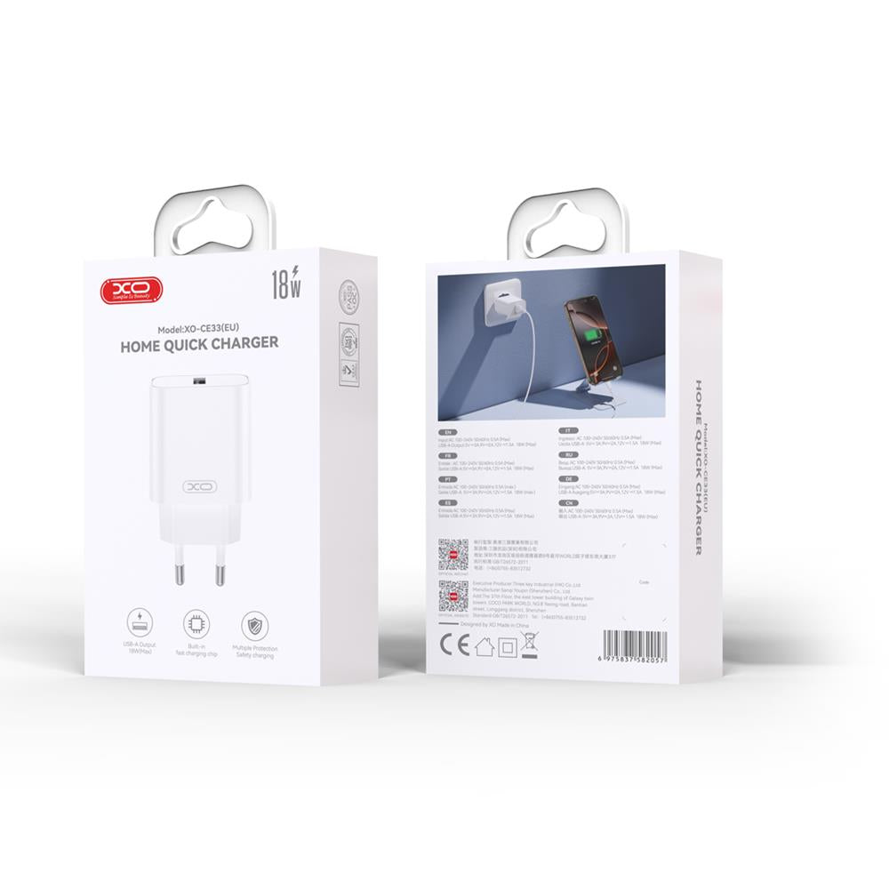 XO CE33 USB polnilec 18W QC bel