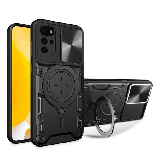 Hibridni trdi PC ovitek z drsnim pokrovom kamere in magnetnim stojalom za Motorola Moto G22, E32 in E32S v èrni barvi
