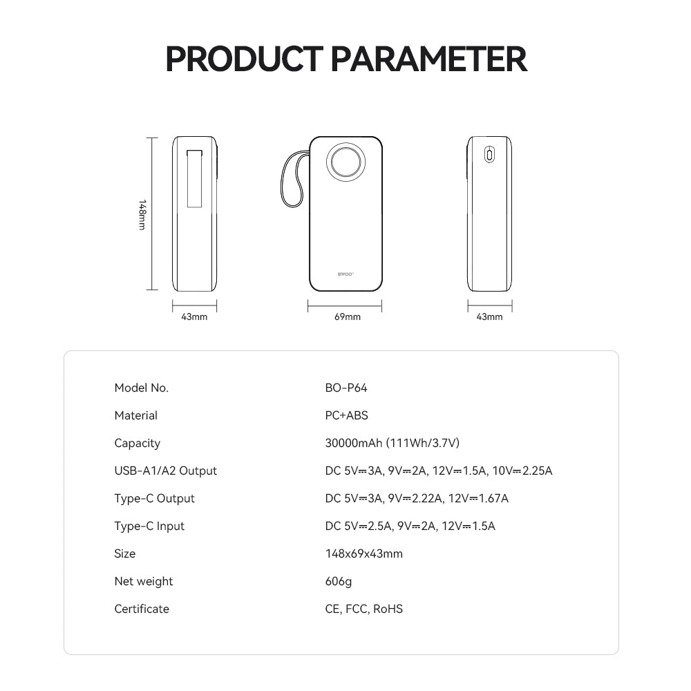 BWOO 30000 mAh Power Bank 22,5W z LCD zaslonom