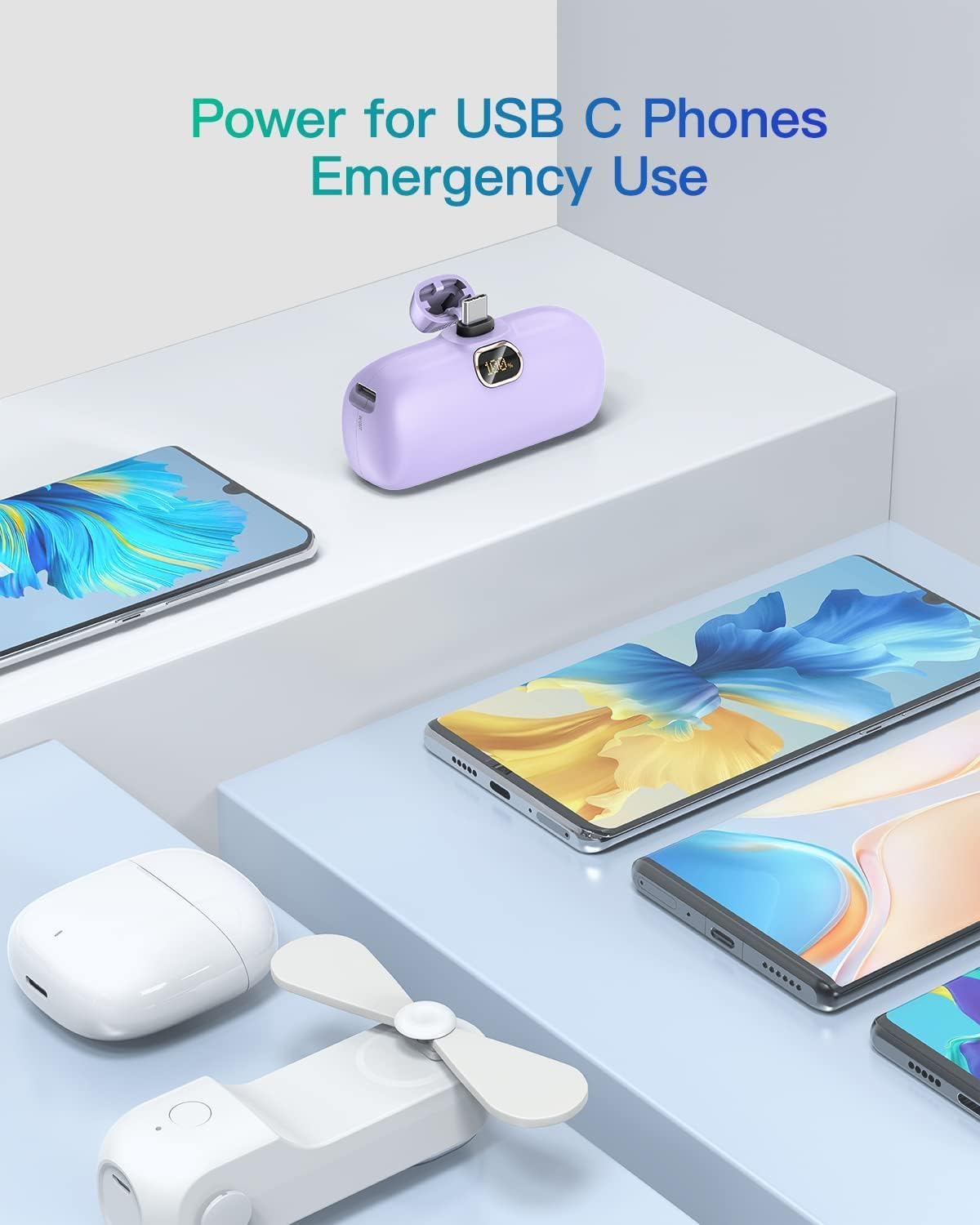 Mini prijenosna baterija Kuulaa 5000 mAh 20W PD USB-C LED – ljubičasta