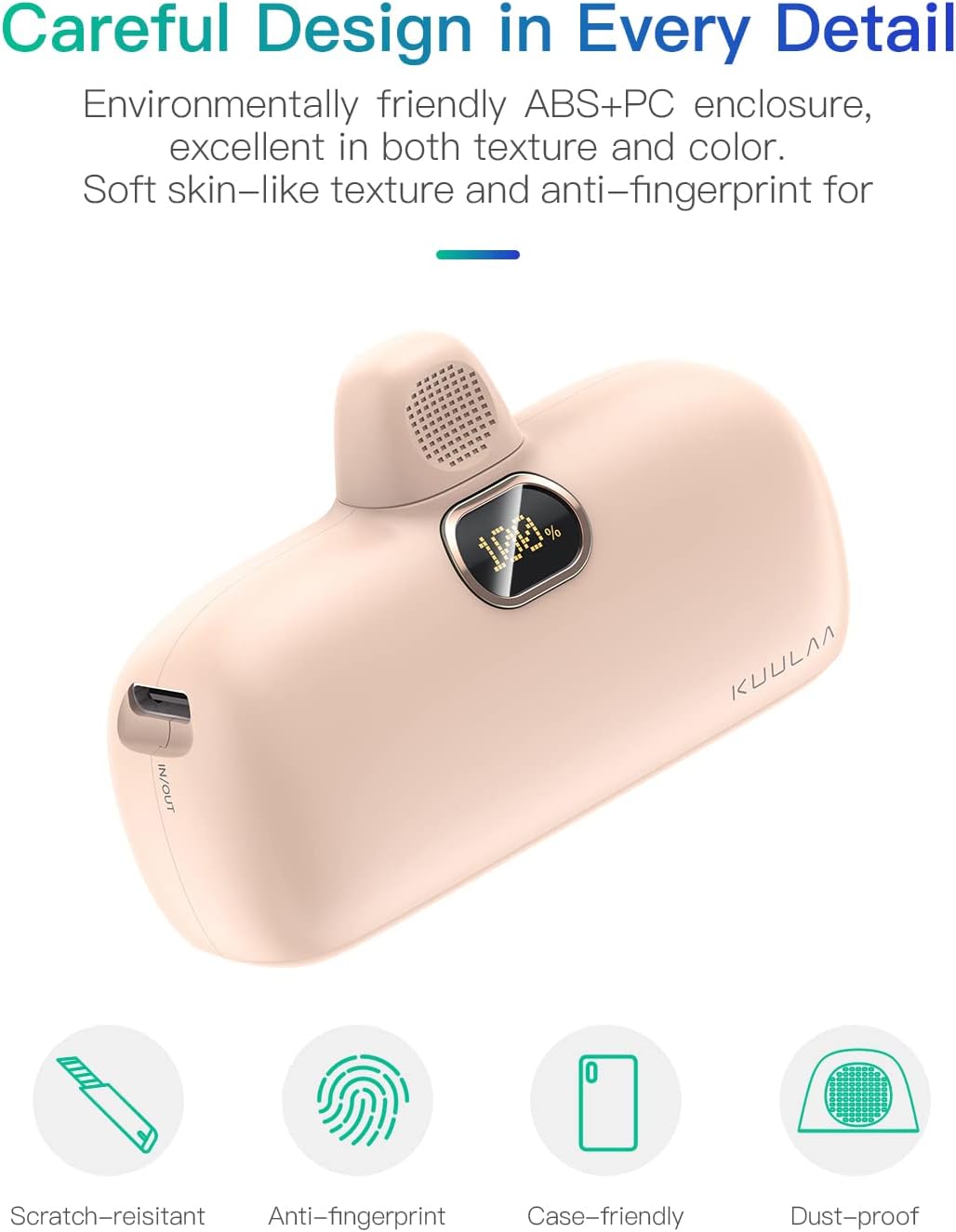 Mini prenosna baterija Kuulaa 5000 mAh 20W PD USB-C LED – roza