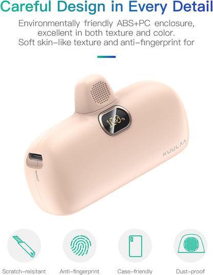 Mini prenosna baterija Kuulaa 5000 mAh 20W PD USB-C LED – roza