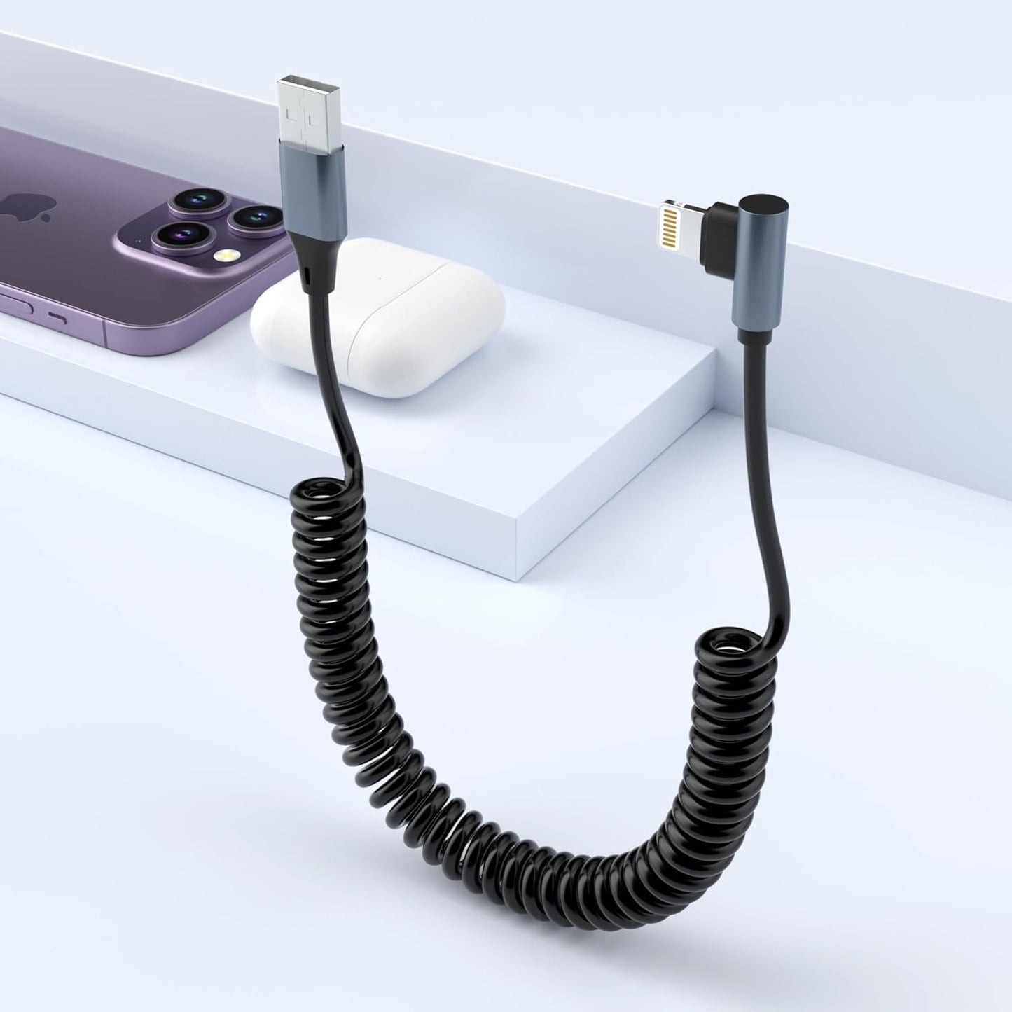 90° spiralni Lightning kabel za iPhone MFi CarPlay – kutni USB kabel