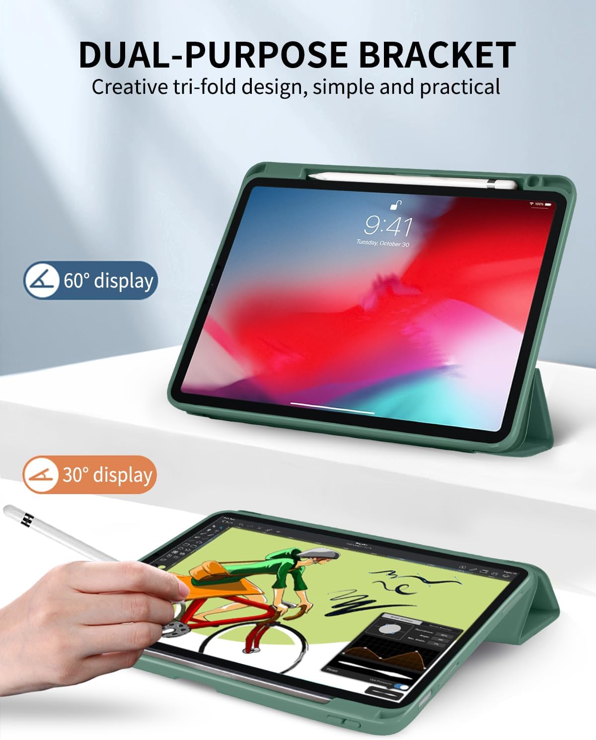 Ovitek za iPad Air 11 M2 2024 / iPad Pro 11 – Prozoren Zadnji Pokrov z Držalom za Pisalo, Srčki Zelen