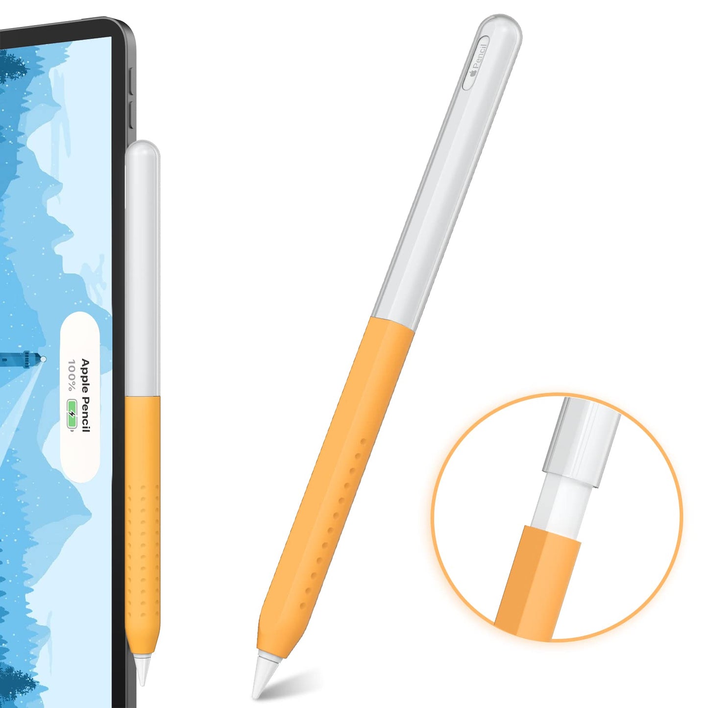 NUITRENDZ Silikonski Ovitek za Apple Pencil 2. Gen – Ultra Tanek Grip + Magnetno Polnjenje (Prozorno-Oranžen)