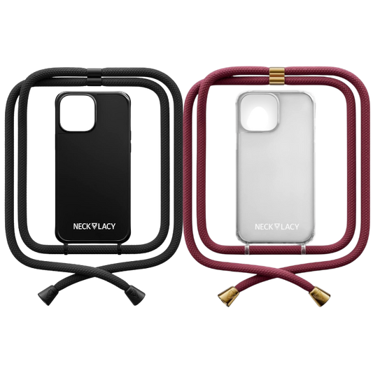 Ovitek z vrvico "NECKLACY premium chain" + zaščita za kamero za iPhone 14 Pro – Temno rdeča / PC + TPU silikon
