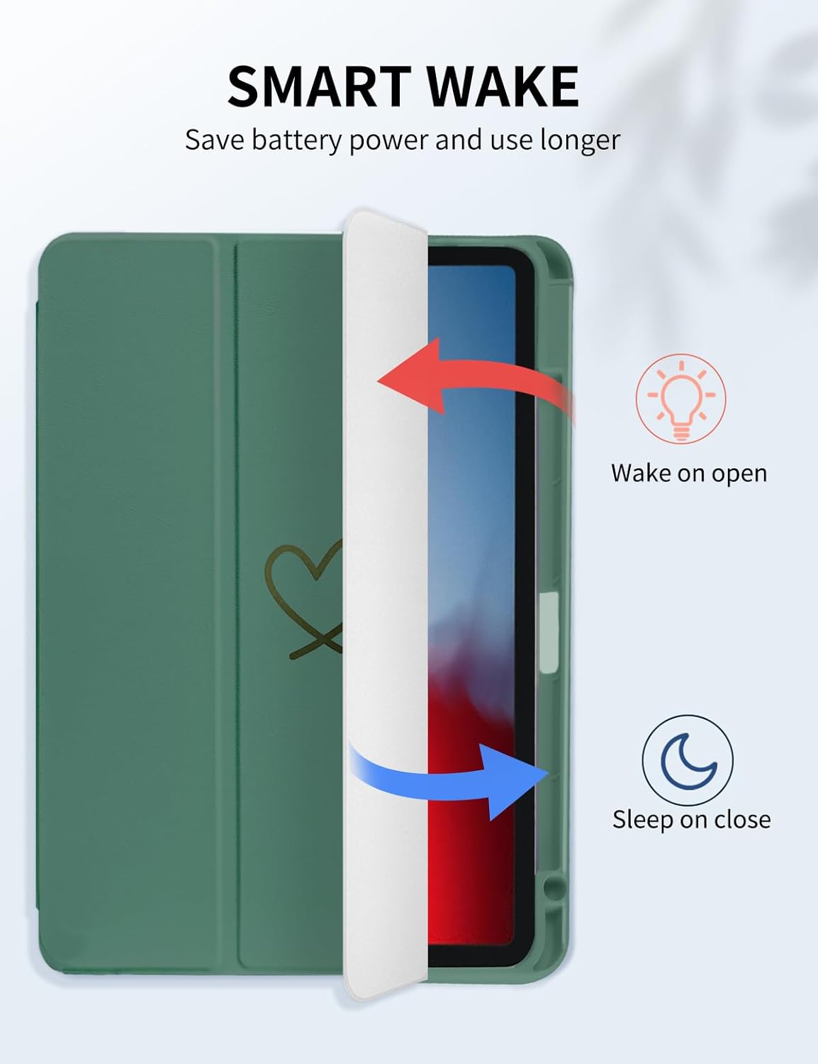 Ovitek za iPad Air 11 M2 2024 / iPad Pro 11 – Prozoren Zadnji Pokrov z Držalom za Pisalo, Srčki Zelen