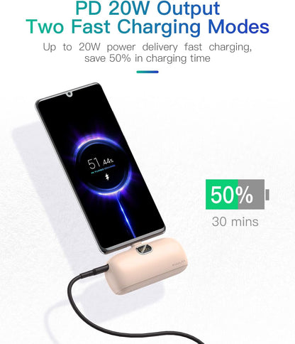 Mini prenosna baterija Kuulaa 5000 mAh 20W PD USB-C LED – roza