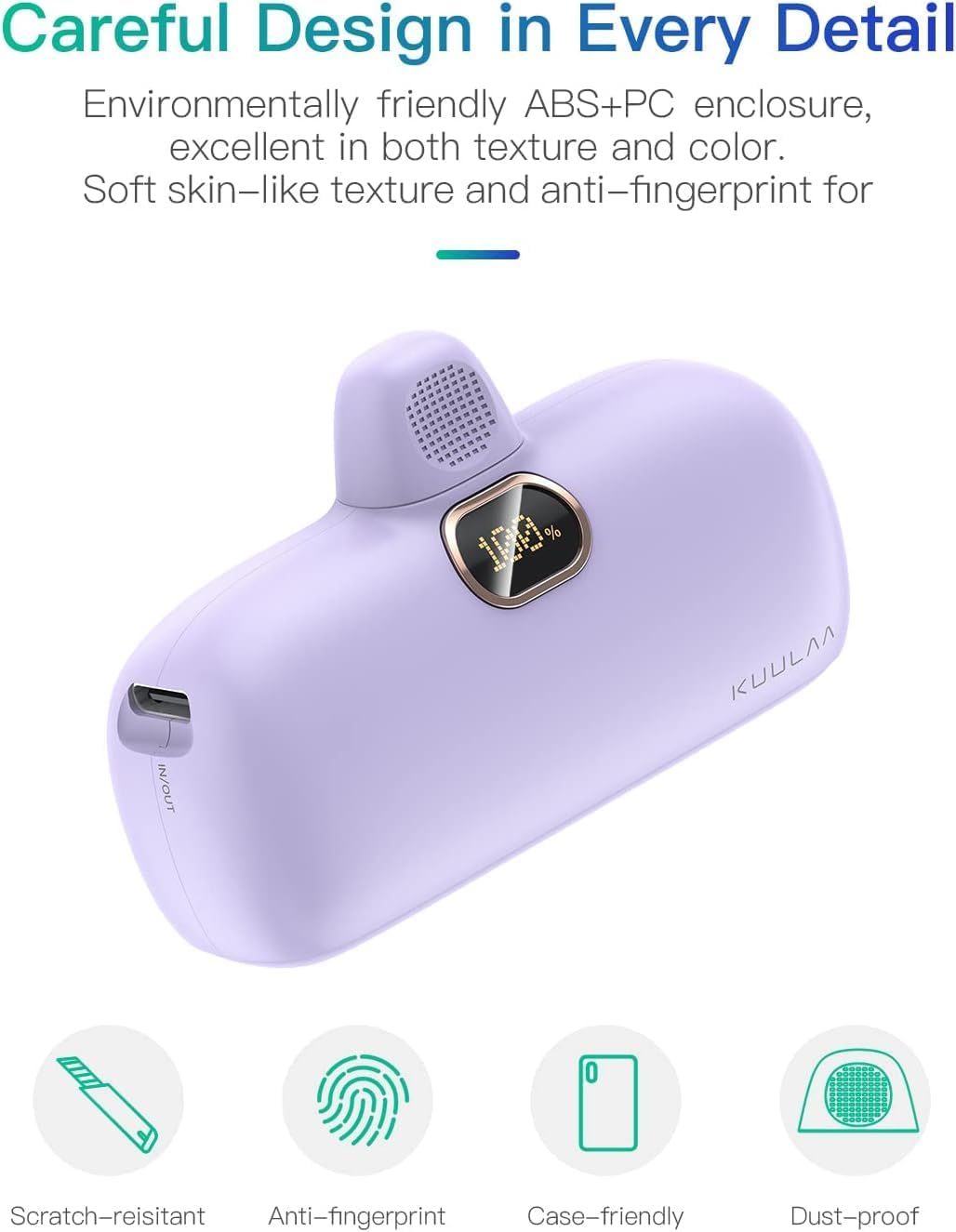Mini prijenosna baterija Kuulaa 5000 mAh 20W PD USB-C LED – ljubičasta